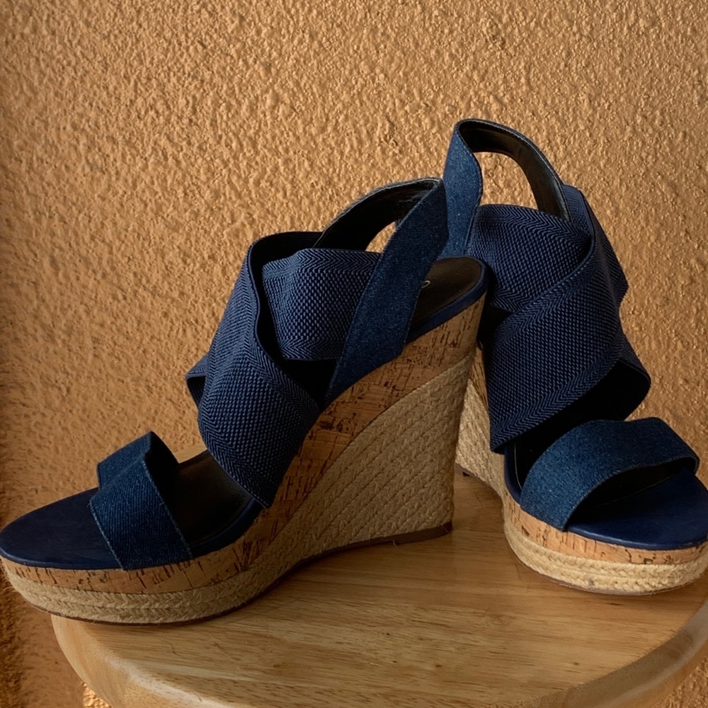 CHARLES DAVID SHOES / DENIM WEDGE SANDALS / BLUE / SIZE 11